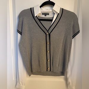 Adrianna Papell Gray and White Blouse with Black Trim